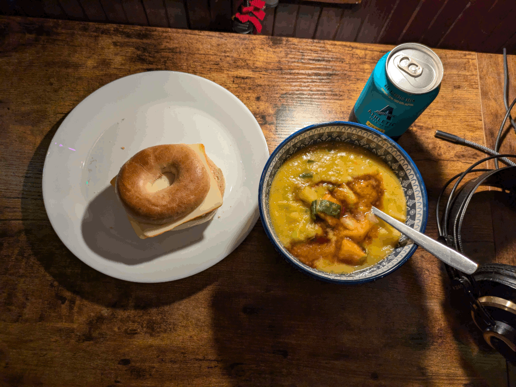 german potato soup with a bagel and non-alcoholic beer