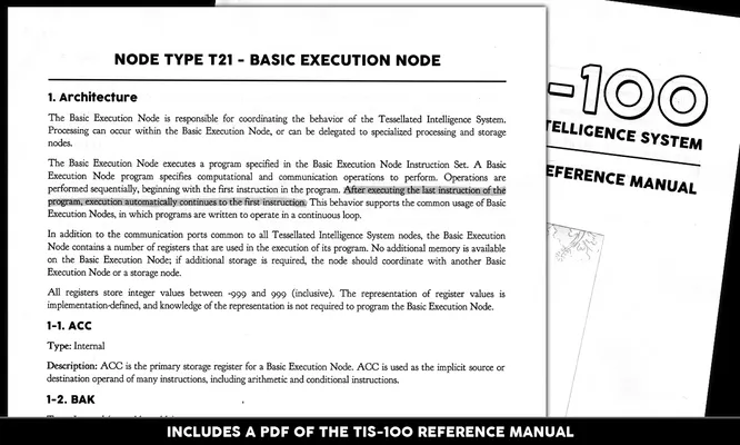 Two pages of the game computer's manual splayed out with the caption, "Includes a PDF of the TIS-100 reference manual".